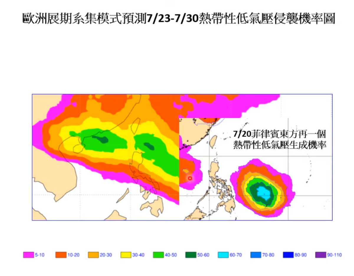 位於菲律賓東方海面的低壓帶，約20日有望生成熱帶性低氣壓，路線和TD05一樣朝菲律賓前進。 圖：取自賈新興YT頻道