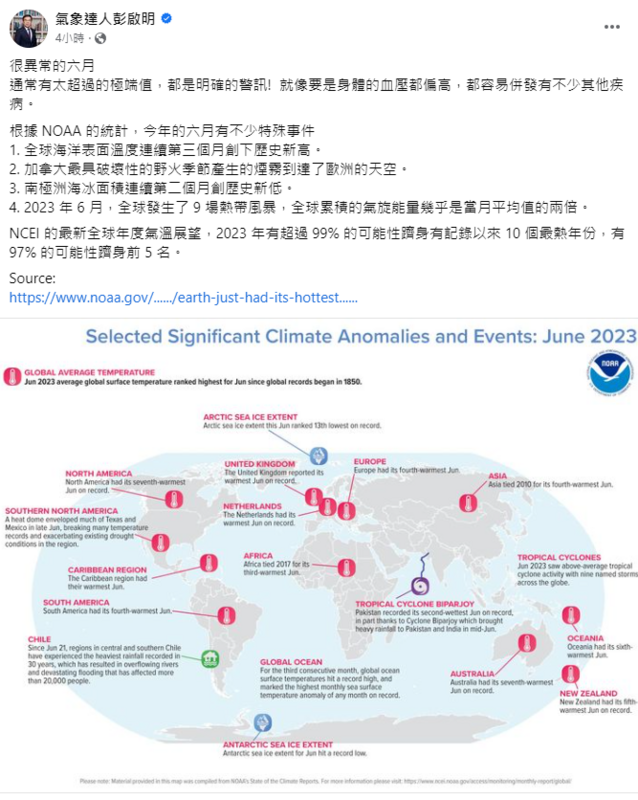 今年6月出現不少特殊事件，彭啟明示警，通常有太超過的極端值，都是明確的警訊。 圖：翻攝自彭啟明臉書