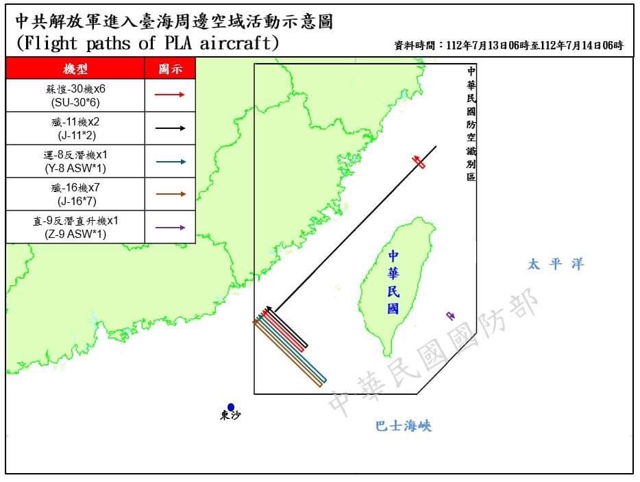 7 月 13 日早上 6 時至 7 月 14 日早上 6 時止的共機動態。 圖：中華民國國防部官網