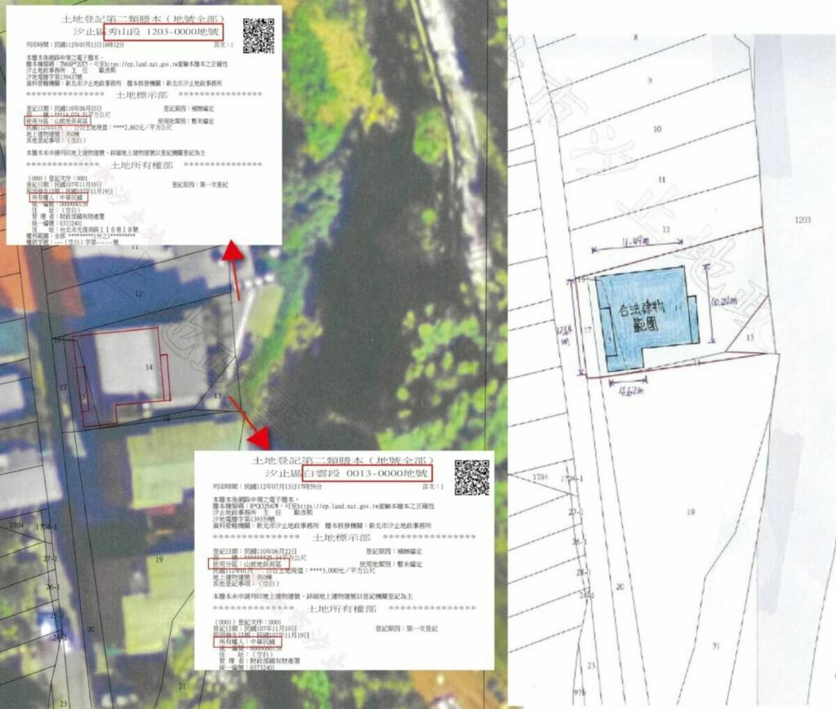新北市議員張錦豪14日表示，黃國昌家蓋到國有山坡地保育區上，違建面積超過原本合法的1倍。 圖：張錦豪提供