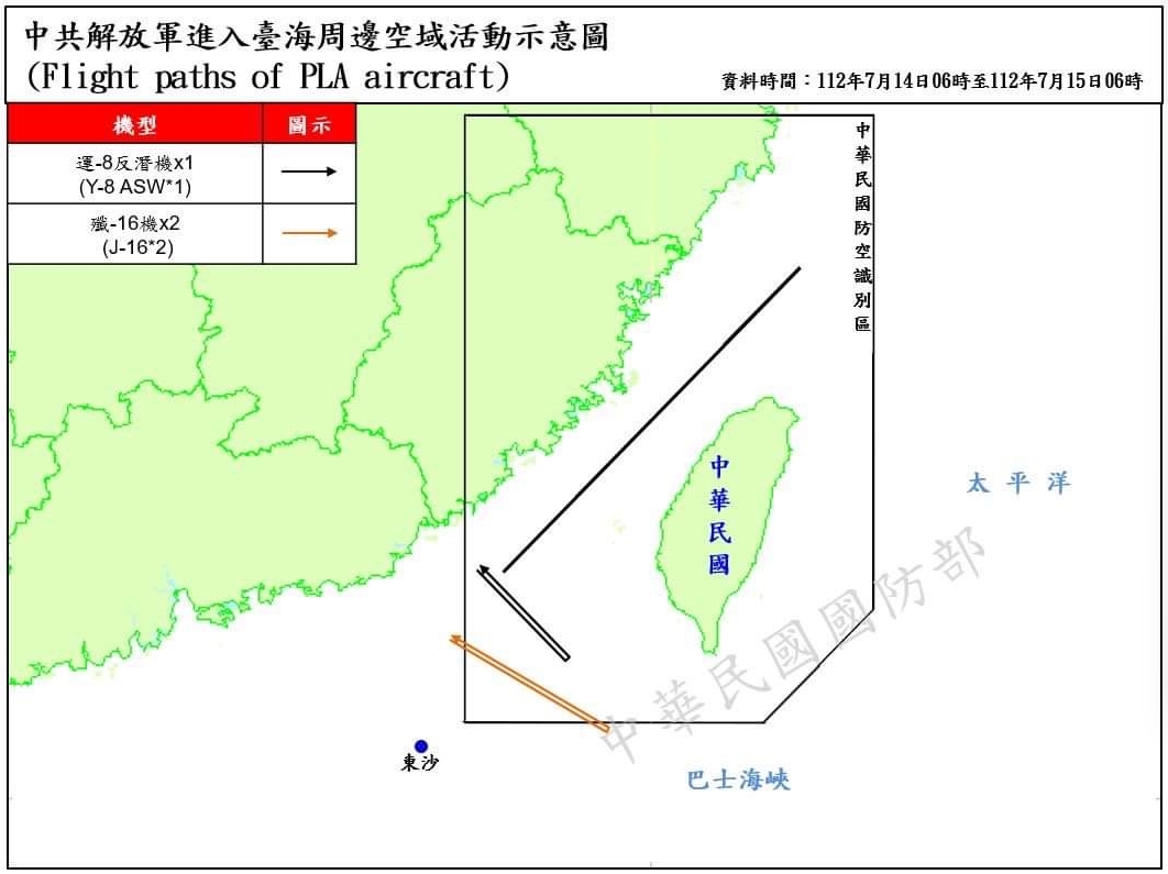 國防部公布，15架次共機擾台，其中3架次侵擾我西南空域。 圖/國防部