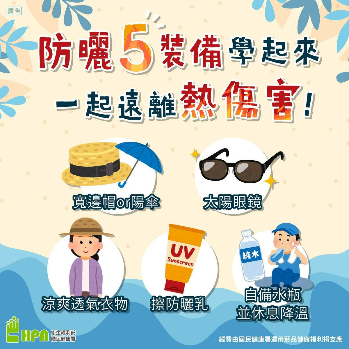 國民健康署提醒，從事長時間戶外活動時，應牢記從頭到腳5裝備：「寬邊帽、太陽眼鏡、涼爽透氣衣物、擦防曬乳、自備水瓶並休息降溫」，以避免熱傷害威脅。 圖：衛生福利部國民健康署提供