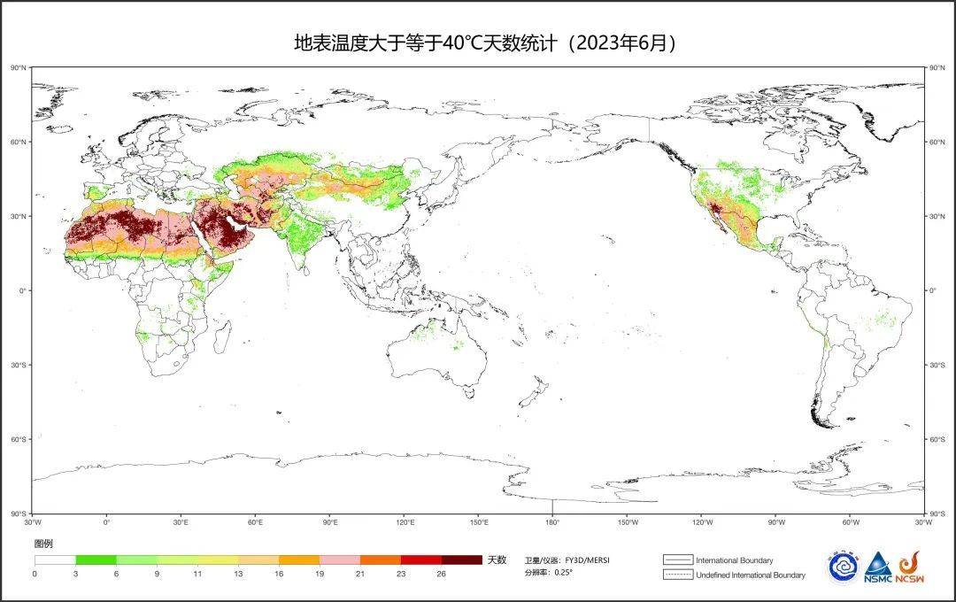 中國氣象衛星統計全球底標高溫日數結果表明，6月，美國西南部和墨西哥大部、非洲北部、歐洲南部、阿拉伯半島、中亞及東亞北部持續出現地表高溫過程。其中非洲北部、阿拉伯半島、中亞及美國西南部局部累計地表高溫超過40℃的天數甚至超過26天。 圖：翻攝自搜狐