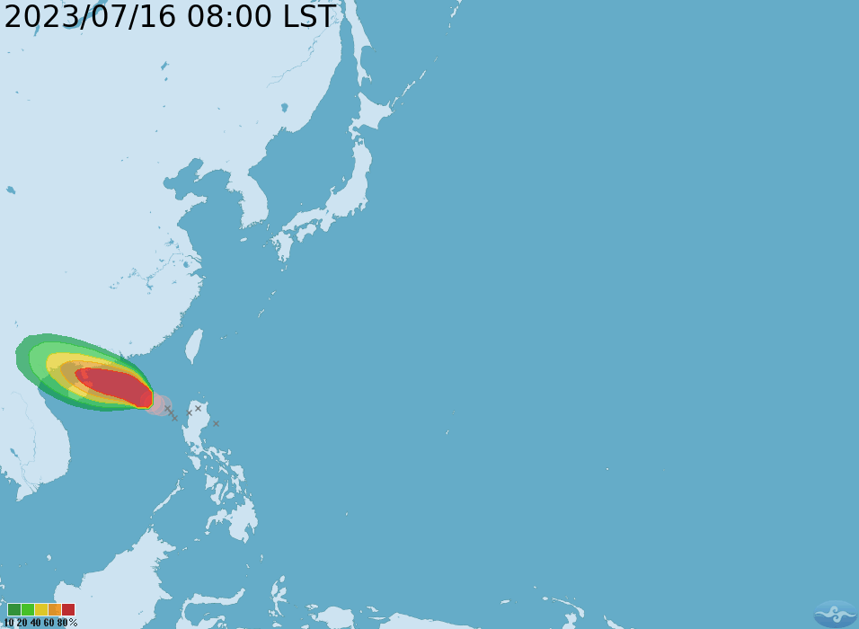 泰利颱風，今日8時的中心位置在北緯 18.8 度，東經 116.0 度，以每小時15公里速度，向西北進行。 圖：翻攝自中央氣象局官網