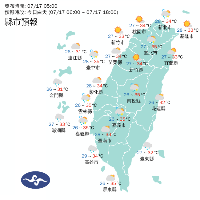今天仍將是高溫炎勢的天氣，東半部、南部、恆春半島與澎湖、金門將有局部短暫陣雨，其他地區則是多雲到晴。 圖：中央氣象局／提供