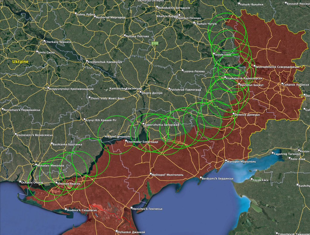 軍事自媒體「Ukraine Battle Map」稱，鷹式機動性雖不如「IRIS-T」空對空飛彈，但因最大射程達 40 公里，烏克蘭已證實計畫部署於距離前線不到 14 公里處。 圖：擷取自推特@ukraine_map
