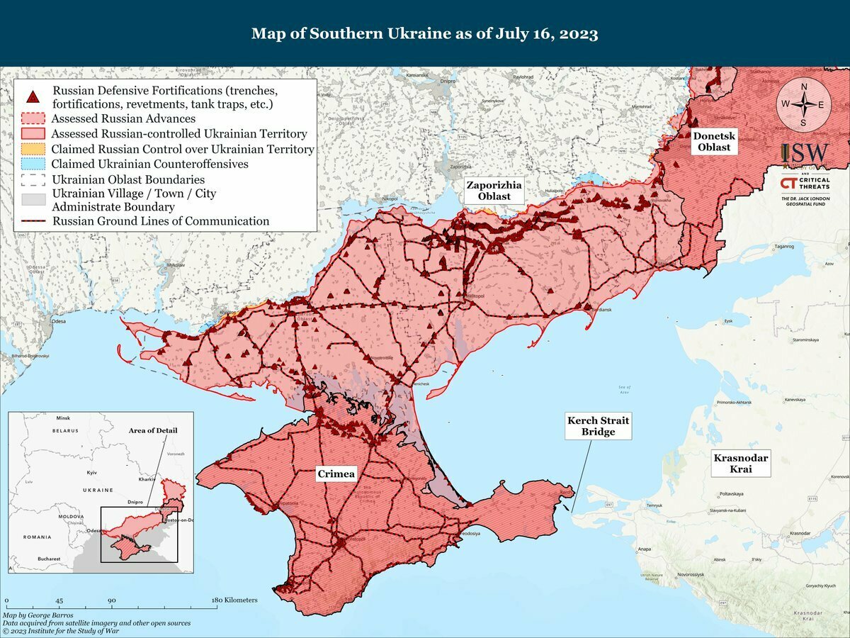 克里米亞大橋連接克里米亞半島（Crimea）（左）及克拉斯諾達爾（Krasnodar）（右），是俄軍運送物資的重要通道。 圖：翻攝自推特@georgewbarros