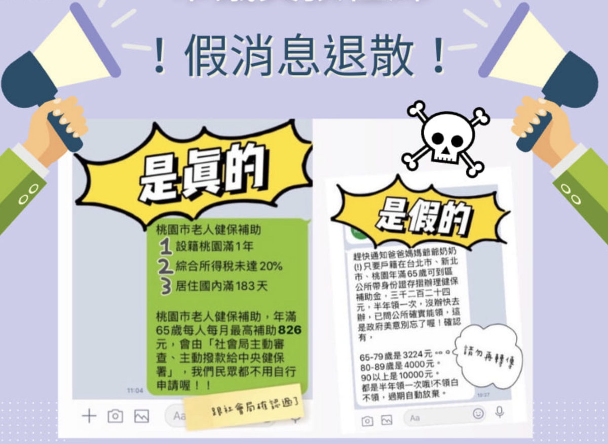 近期網路社群流傳桃市老人健保「半年」補助3224元訊息，市府社會局表示「是假消息」，請民眾勿相信、勿流傳。  圖：翻攝桃園蘆竹張桂綿粉絲團