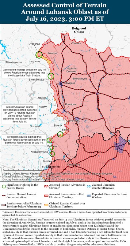 俄羅斯軍隊近期在庫皮揚斯克-斯瓦托韋線進行進攻行動，可並未取得明顯進展，代表烏軍防守成功。圖為地圖。 圖：翻攝自ISW推特