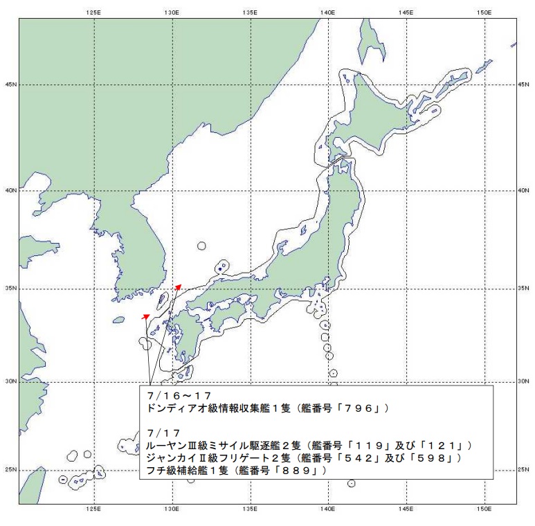中國解放軍6艘艦船16日下午起陸續通過對馬海峽進入日本海參與中俄「北方互動2023」海上聯合軍演。 圖：翻攝mod.go.jp