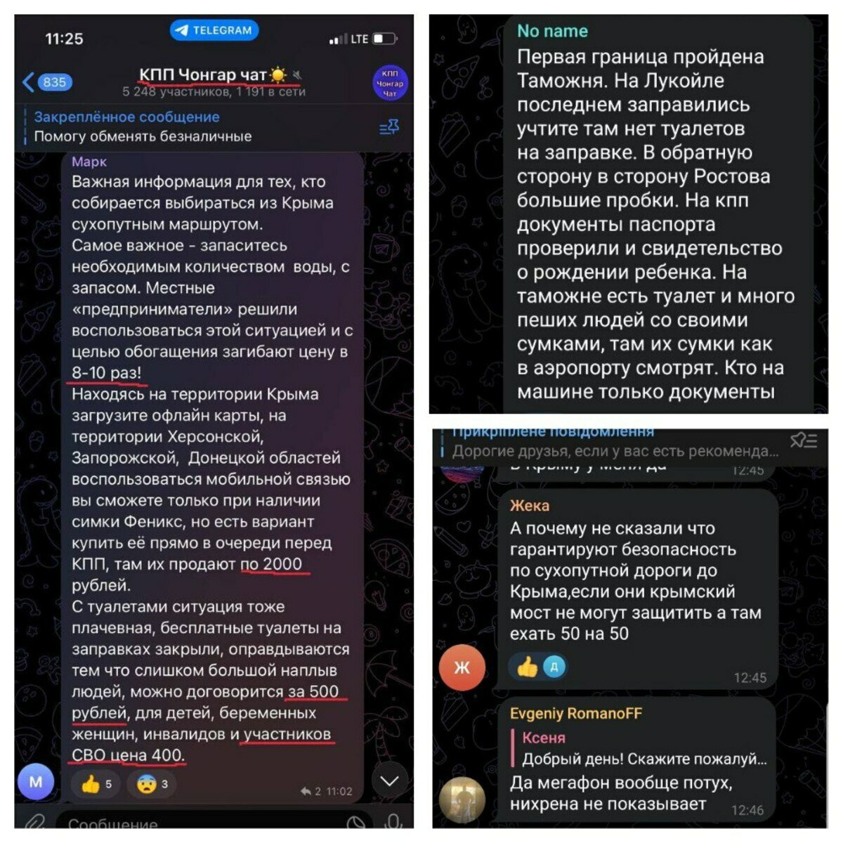 逃離克里米亞半島的俄羅斯遊客，在 Telegram 群組中分享前線情況，不僅手機失去訊號，食物、飲用水等必需品價格更是翻倍上漲。 圖：翻攝自推特@Gerashchenko_en