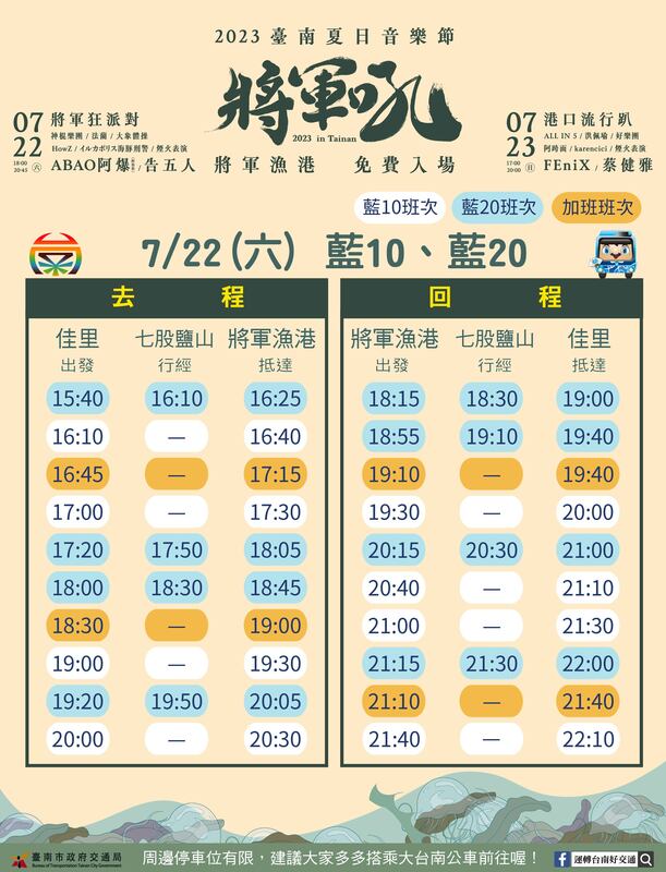 「2023台南夏日音樂節─將軍吼」7/22藍10藍20公車時刻表。 圖：台南市政府觀光旅遊局／提供