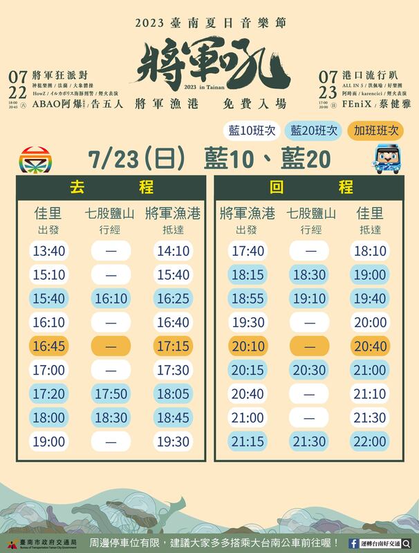 「2023台南夏日音樂節─將軍吼」7/23藍10藍20公車時刻表。 圖：台南市政府觀光旅遊局／提供