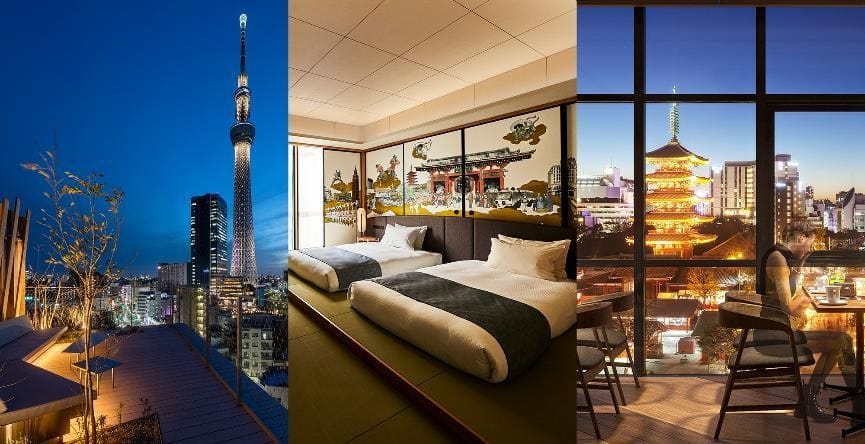 東京淺草三家全新質感旅店，體驗現代時尚與江戶風情相融氛圍。 圖：© ONE@Tokyo、©淺草豪景飯店、© Hoshino Resorts.／提供