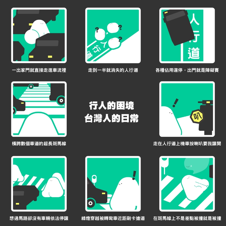 行人的困境，台灣人的日常。 圖：取自「還路於民大遊行」募資活動