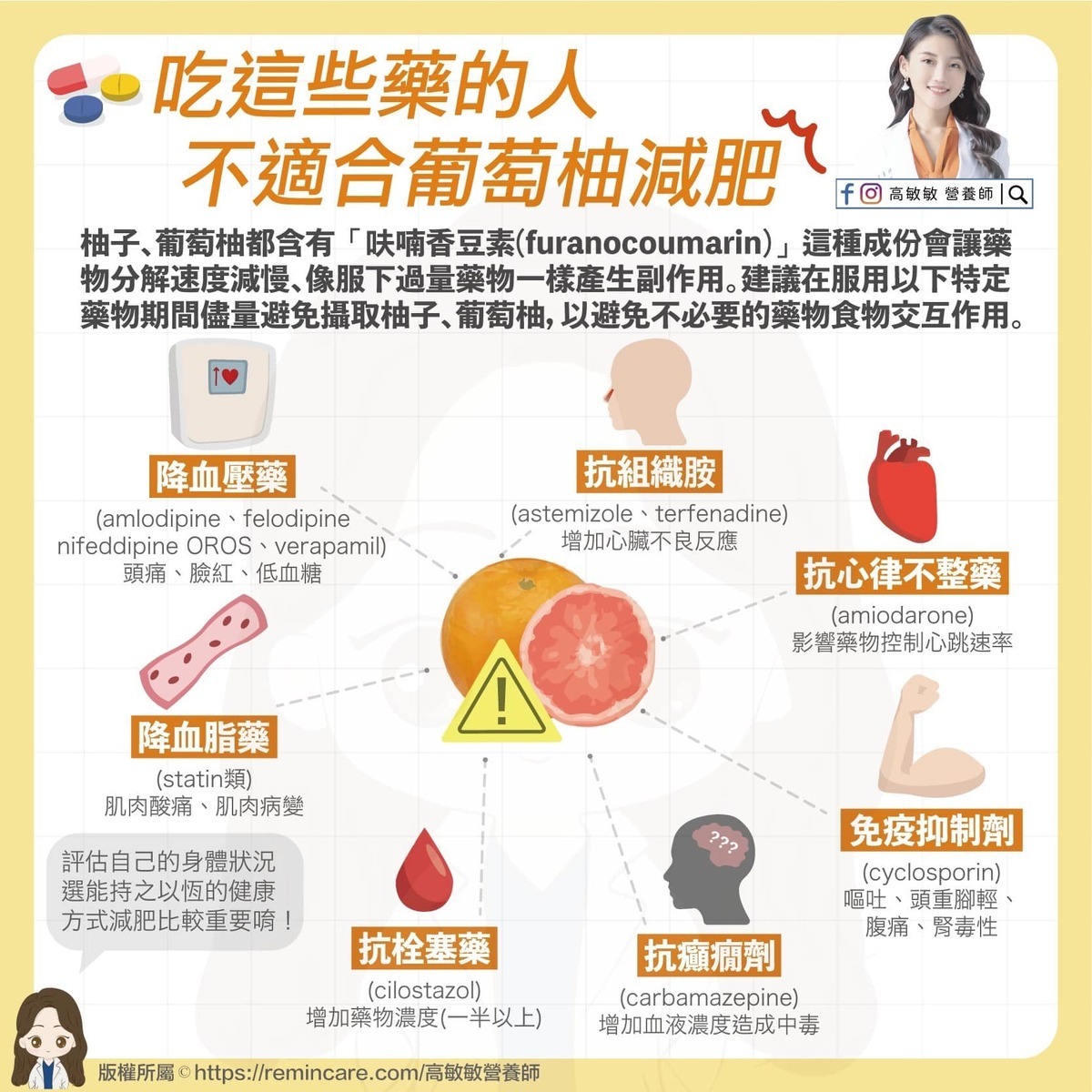 營養師高敏敏表示葡萄柚減重法雖然可以快速瘦身，但她「有很多營養攝取不到」，並認為這個減肥方法有5大缺點，也有7類人不適用。 圖：翻攝自高敏敏 營養師