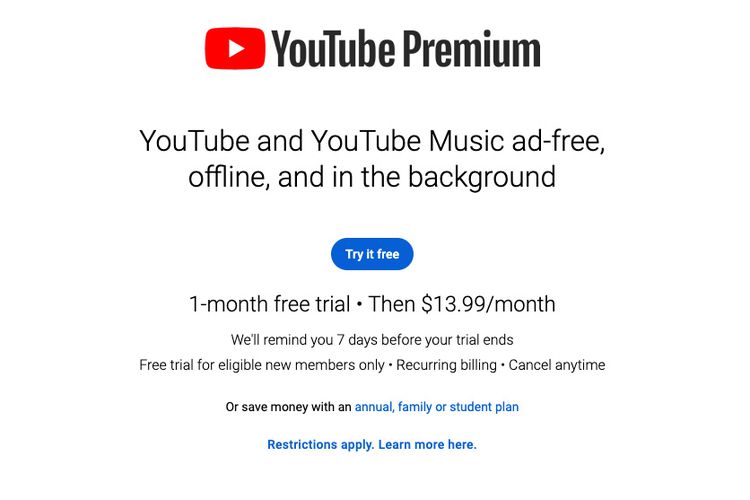 從美國YouTube 網站上可以看到新定價。 圖：取自The Verge官網