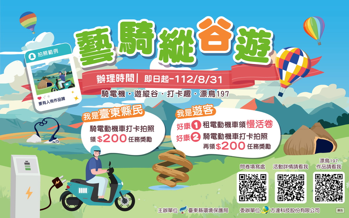 即日起至8月31日止，台東縣民及遊客只要騎乘電動機車至指定地點，並與電動機車合照打卡，就可獲得超商200元商品卡及多項優惠。 圖：台東縣環境保護局／提供