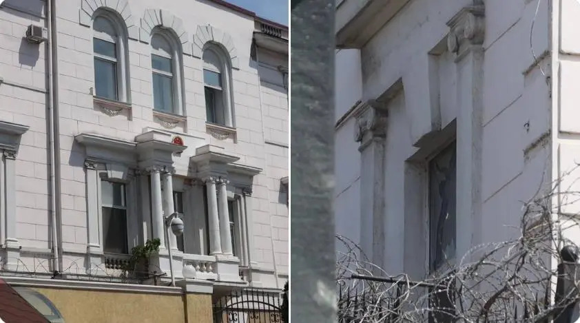 中國駐敖德薩總領館糟俄國導彈波及，衝擊波震落了總領館部分牆面和窗戶玻璃。 圖：翻攝自騰訊網