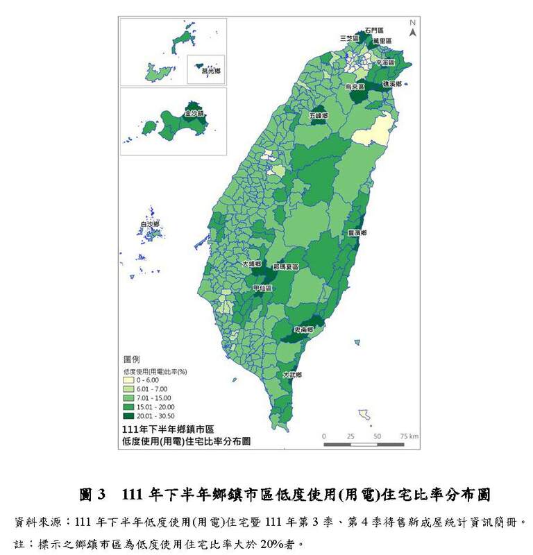 111年下半年鄉鎮市區低度使用(用電)住宅比率分布圖。 圖：內政部提供