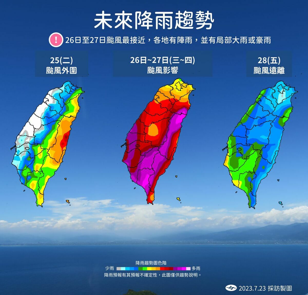 氣象局曝光未來一週降雨趨勢圖，提醒民眾外出務必要留意天氣狀況，並攜帶雨具。 圖：中央氣象局／提供