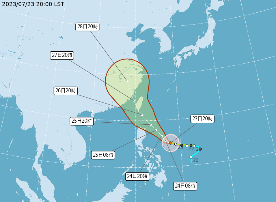 颱風杜蘇芮今天晚間8時增強為中度颱風，暴風圈也擴大，路徑往南修正，仍有機會登陸台灣。 圖：翻攝自中央氣象局