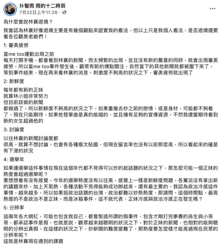前AV導演圤智雨近日列出5點直言自己認為「林襄退燒了」。 圖：翻攝自FB/圤智雨 雨的十二時辰