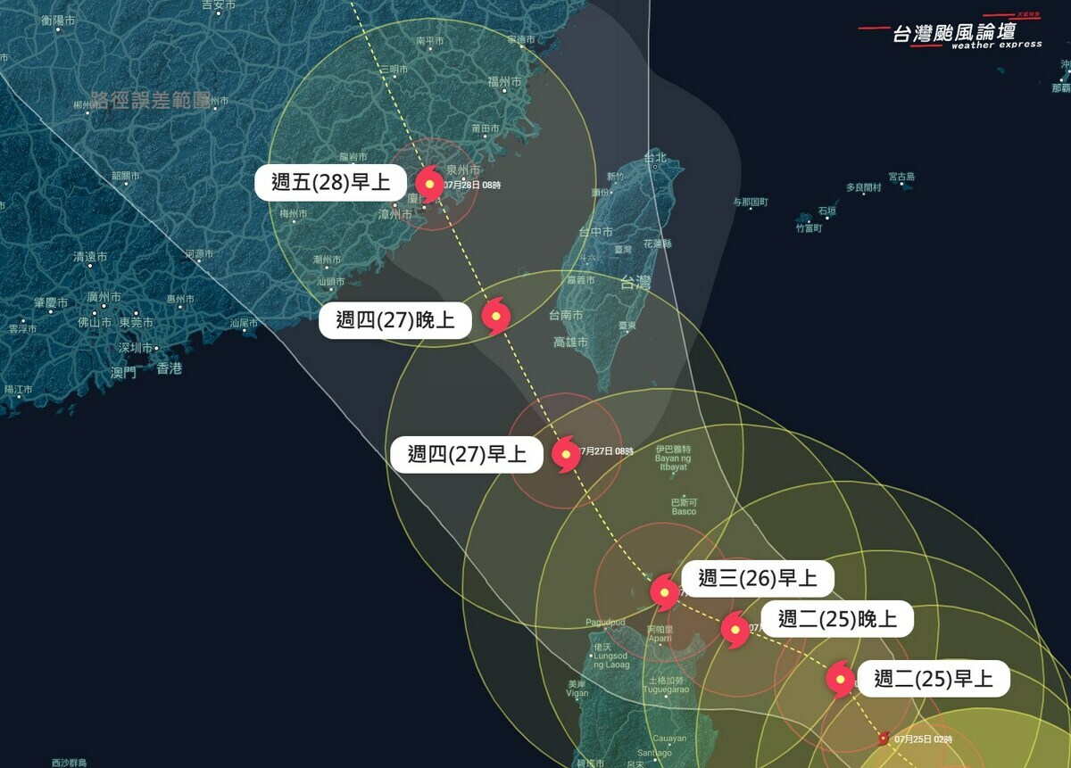 根據氣象局最新的路線圖，預測中心沒登陸本島，由西南部近海通過。 圖：取自台灣颱風論壇臉書