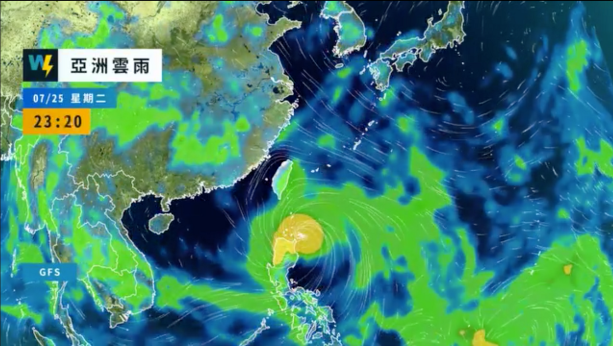 今(25)日因受到颱風外圍環流影響，東半部地區、恆春半島有短暫陣雨，時間越晚降雨可能會越明顯。 圖：翻攝自天氣風險公司官網