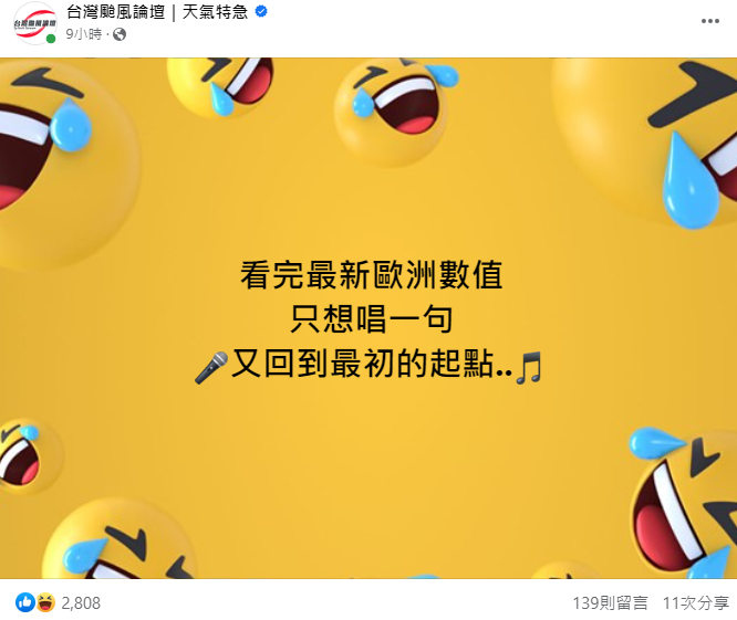 《台灣颱風論壇｜天氣特急》表示，「看完最新歐洲數值，只想唱一句，又回到最初的起點。」 圖：取自台灣颱風論壇臉書
