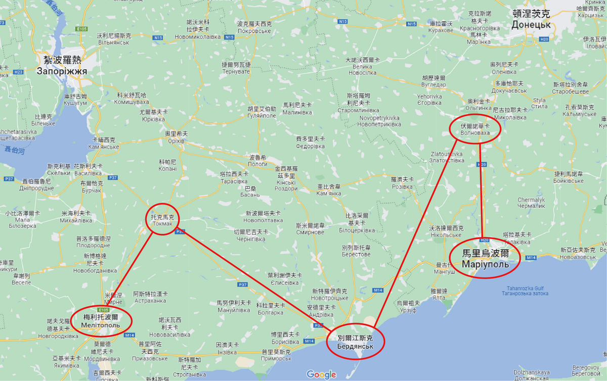 托克馬克（Tokmak）鄰近梅利托波爾（Melitopol）、別爾江斯克（Berdiansk）等城市，為烏軍南下前往亞速海海岸的重要城鎮。別爾江斯克東北方的城鎮伏爾諾華卡（Volnovakha）也是為烏軍南下的重鎮之一。 圖：翻攝自Google Maps
