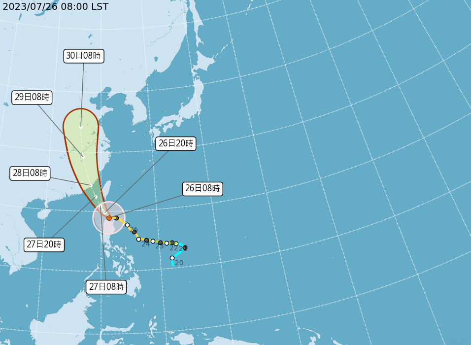 今(26)日受到颱風及其外圍環流影響，台灣東半部地區及恆春半島有陣雨，並有大雨或豪雨發生的機率，大台北、南部地區及中部以北山區有短暫陣雨。 圖：翻攝自中央氣象局官網