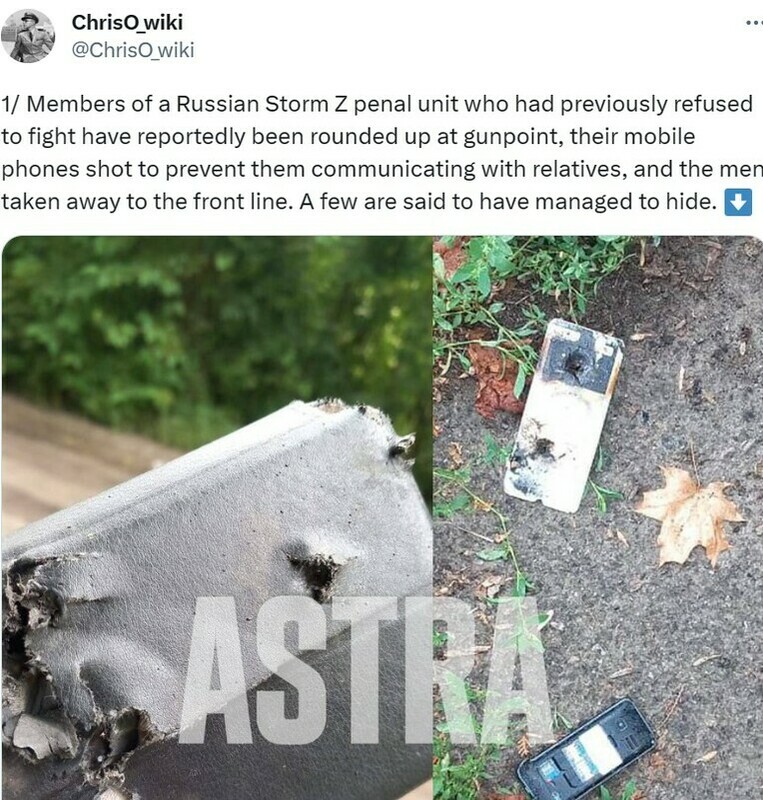 拒絕戰鬥的風暴部隊成員，近期遭到俄軍圍捕，他們的手機被射落，以阻止他們與親屬聯繫，並被帶往前線。 圖：翻攝自 ChrisO_wiki 推特