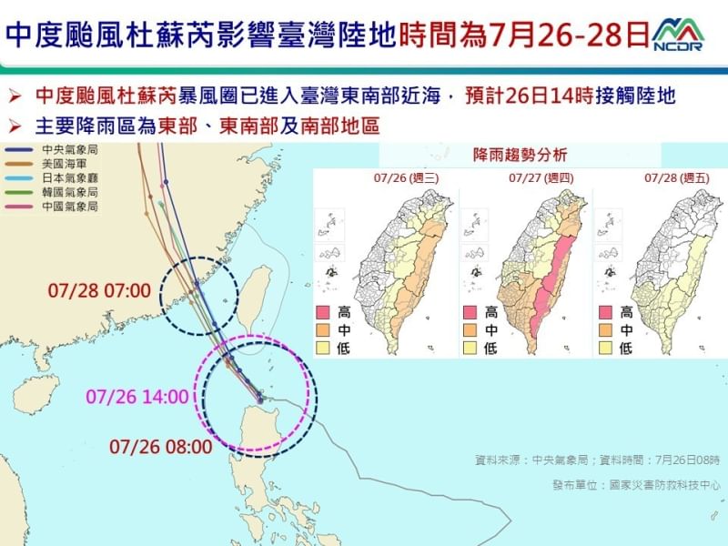 「杜蘇芮」暴風圈已在下午3時碰到恆春半島，雲林以南都是陸警範圍，預計中南部風雨最強的時間點落在明日晚間。 圖：取自國家災害防救科技中心line