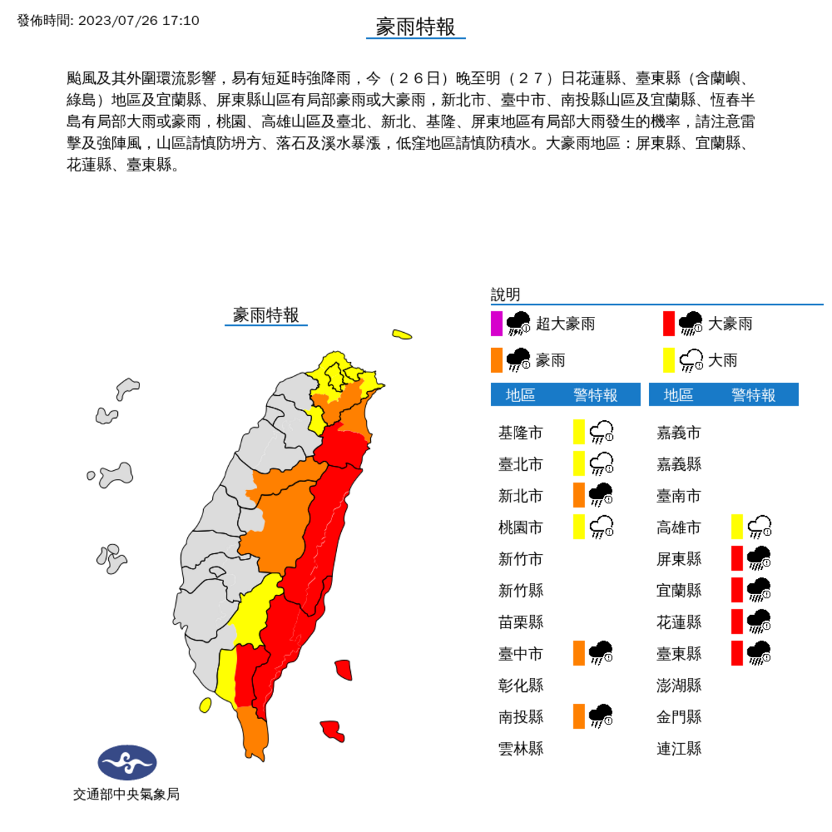 氣象局對全台11縣市發布豪大雨特報，其中大豪雨特報的範圍從花東擴大到宜花東、屏東。 圖：取自中央氣象局網站