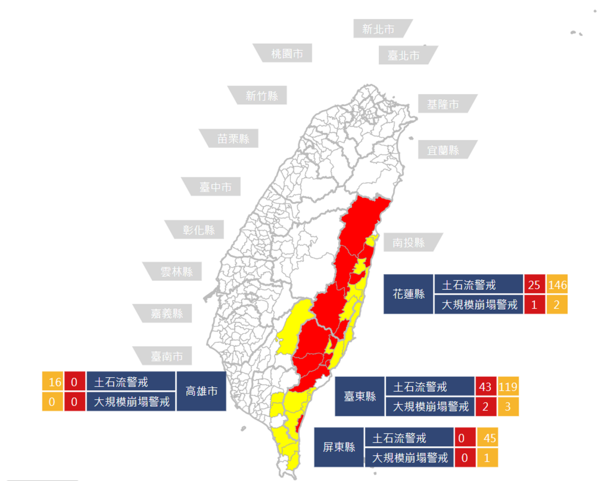 農業委員會水土保持局，再度將花東土石流紅色警戒擴大至68條，提醒民眾需撤離或疏散避難。 圖：翻攝自農業委員會水土保持局官網