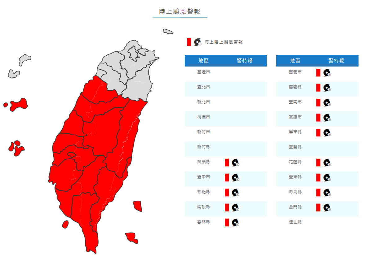 氣象局對苗栗以南發布陸上颱風警報。 圖：取自中央氣象局網站