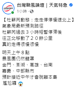 杜蘇芮過去3小時短暫停滯後，僅往正北移動了20餘公里，坦言「真的走得很慢很慢」。 圖：取自台灣颱風論壇臉書