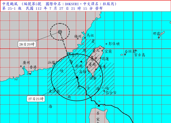 颱風杜蘇芮今（27）天持續朝台灣北北西移動，中央氣象局預估本島明天可脫離暴風圈。 圖：氣象局提供