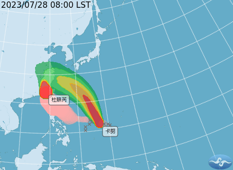 杜蘇芮颱風目前金門東方約 20 公里的海面上，暴風圈仍籠罩苗栗以南至台南、南投陸地及澎湖、金門地區。 圖：取自中央氣象局網站