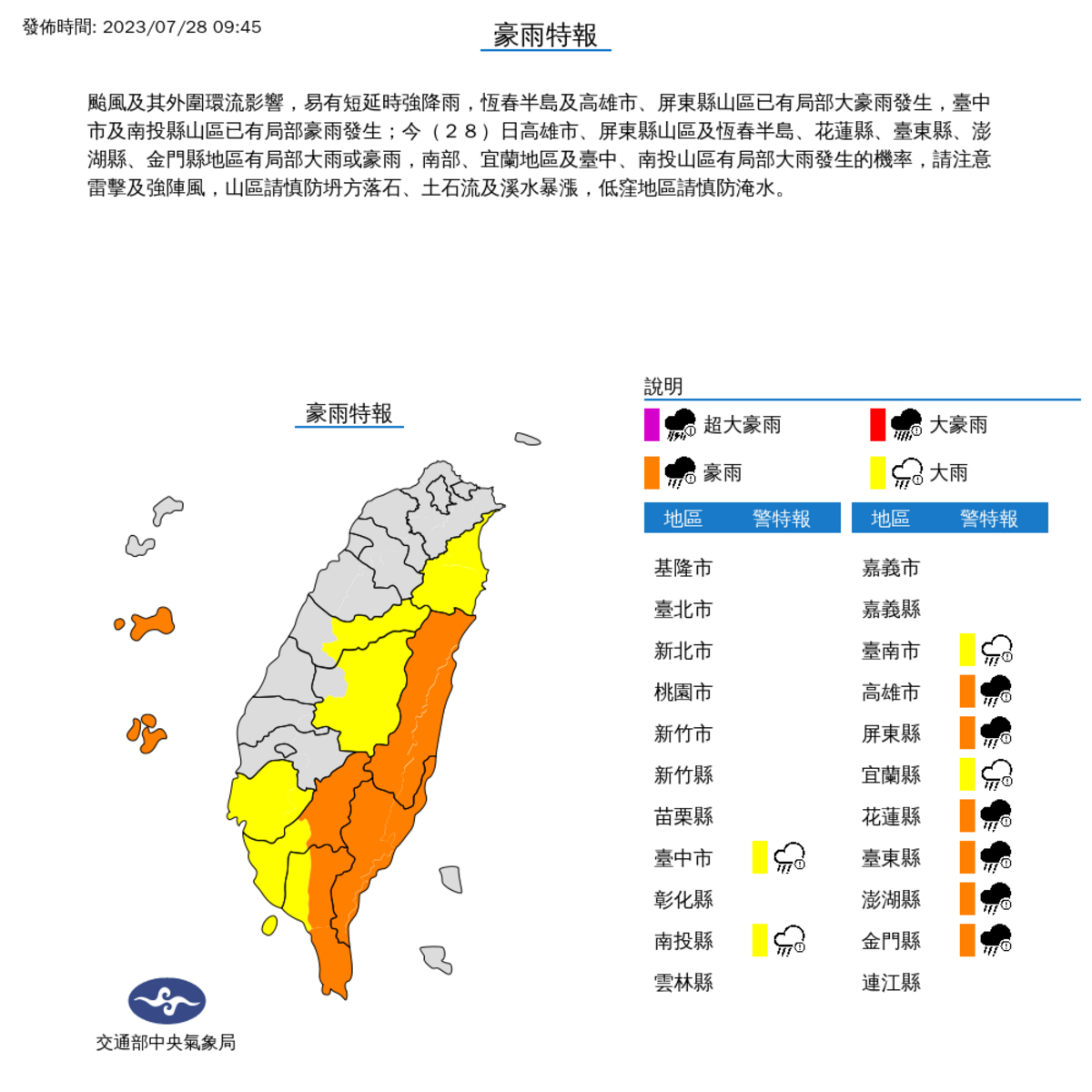 氣象局也對10個縣市發布豪大雨特報。 圖：取自中央氣象局網站