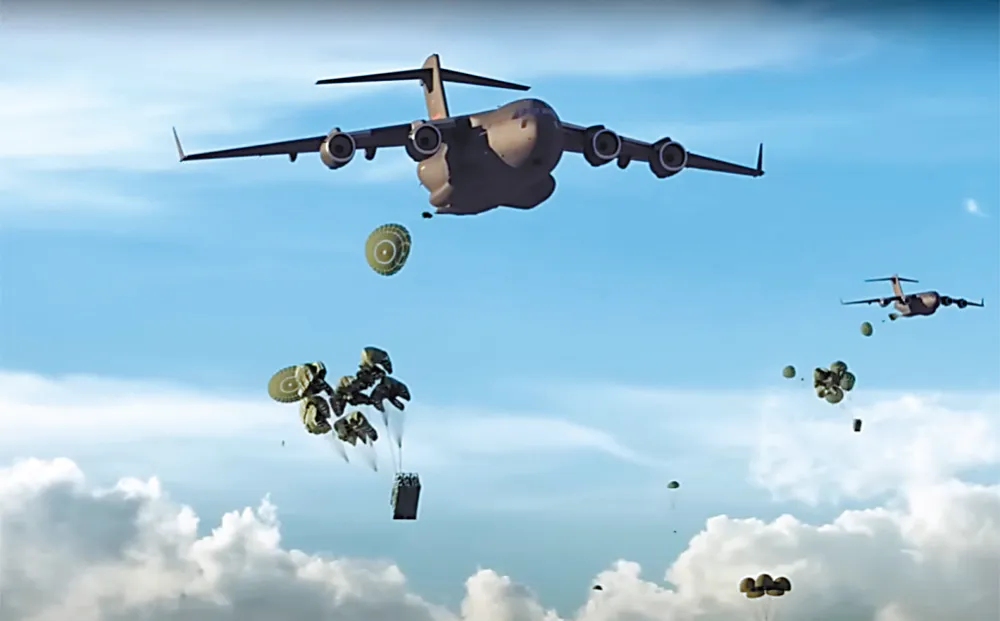 美國空軍近日測試的「迅龍」系統，將能使C-17等大型運輸機投入一線戰場。 圖：騰訊網《環球網》