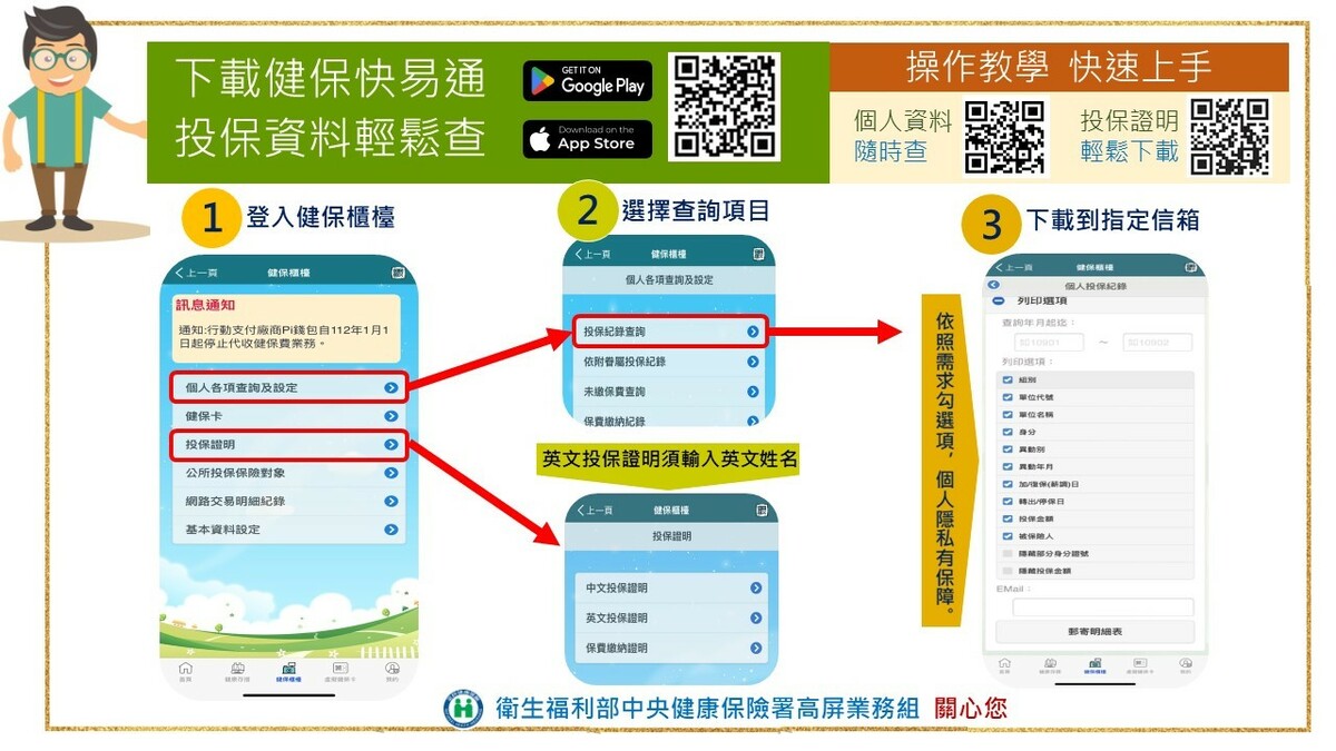 透過健保快易通APP，新鮮人與留學生族群即可用3步驟查詢投保資料。 圖：衛福部／提供