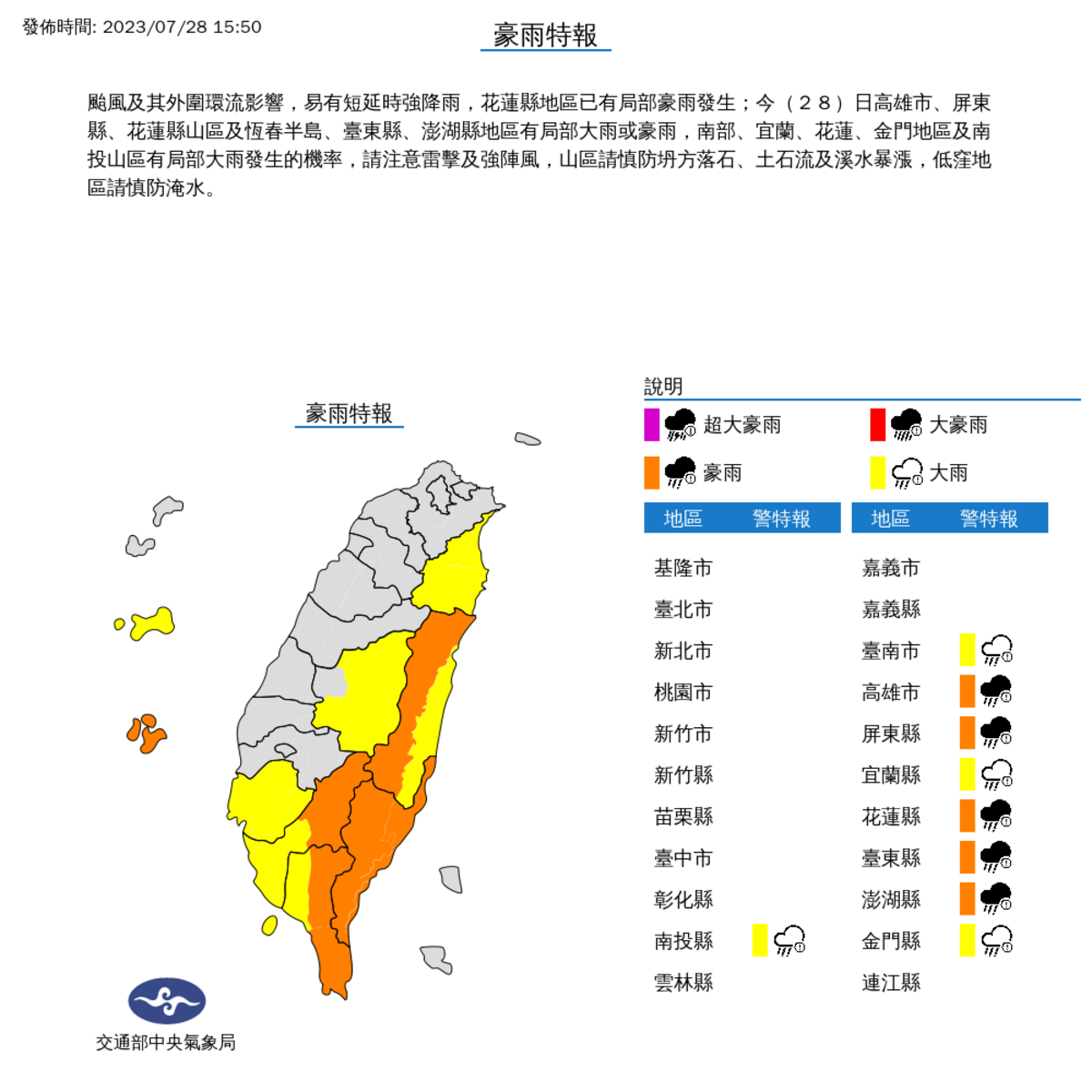 氣象局對9縣市發布豪大雨特報。 圖：取自中央氣象局
