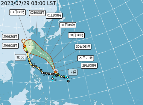 輕颱「卡努」也在昨日生成，目前預估路線是朝台灣北部海面通過。 圖：取自中央氣象局