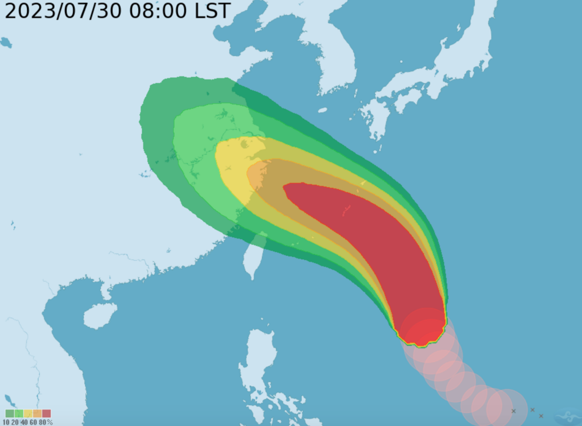 氣象局目前預報卡努近彭佳嶼、馬祖時，將在海上颱風警報區域的邊緣，陸上颱風警報機率則偏低。 圖：翻攝自中央氣象局