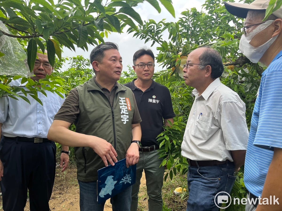 歸仁特產釋迦正值採收期，卻遭杜蘇芮颱風肆虐，導致落果嚴重。立委王定宇在颱風後的第一個上班日，火速邀集農委會農糧署分署長羅正宗等人前往歸仁，進行受損果園逐園勘查。 圖：王定宇提供。