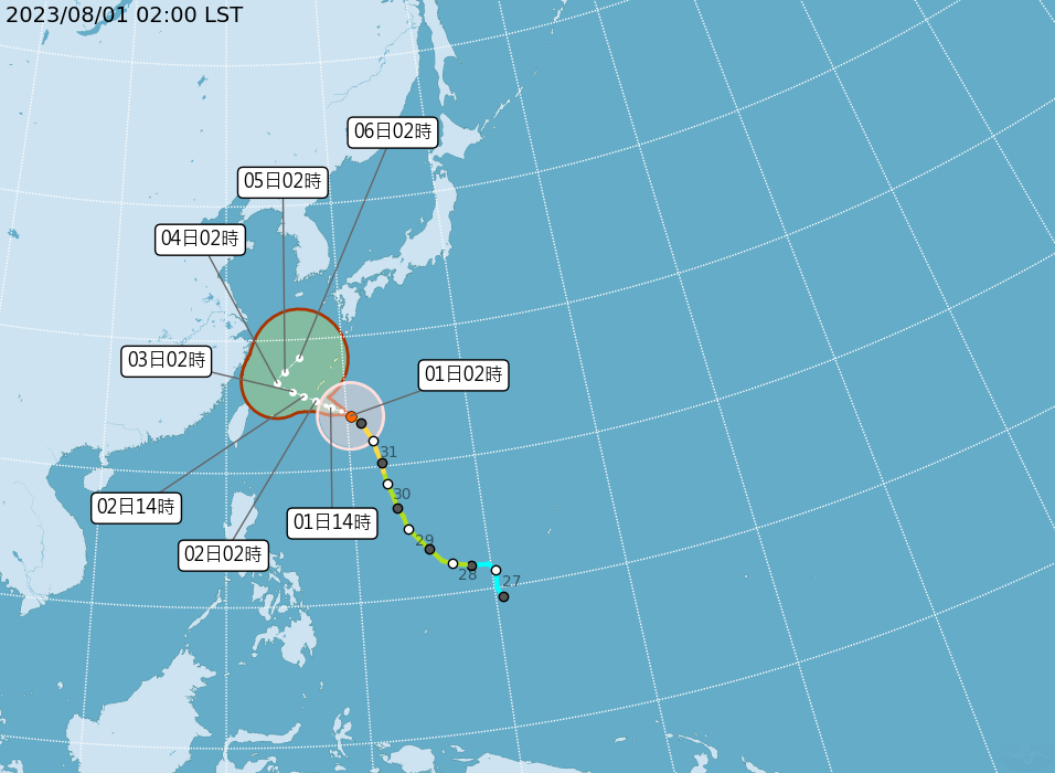 今(1)日受到颱風外圍雲系影響，台灣北部地區、基隆北海岸及金門、馬祖有局部短暫陣雨。 圖：翻攝自中央氣象局