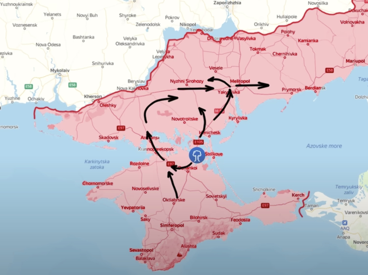 俄軍補給兩路線阿米揚斯克（Armiansk）至赫爾松（Kherson）及贊科伊（Dzhankoi）至梅利托波爾（Melitopil）現在均面臨中斷危機。 圖：翻攝自YouTube／Reporting from Ukraine