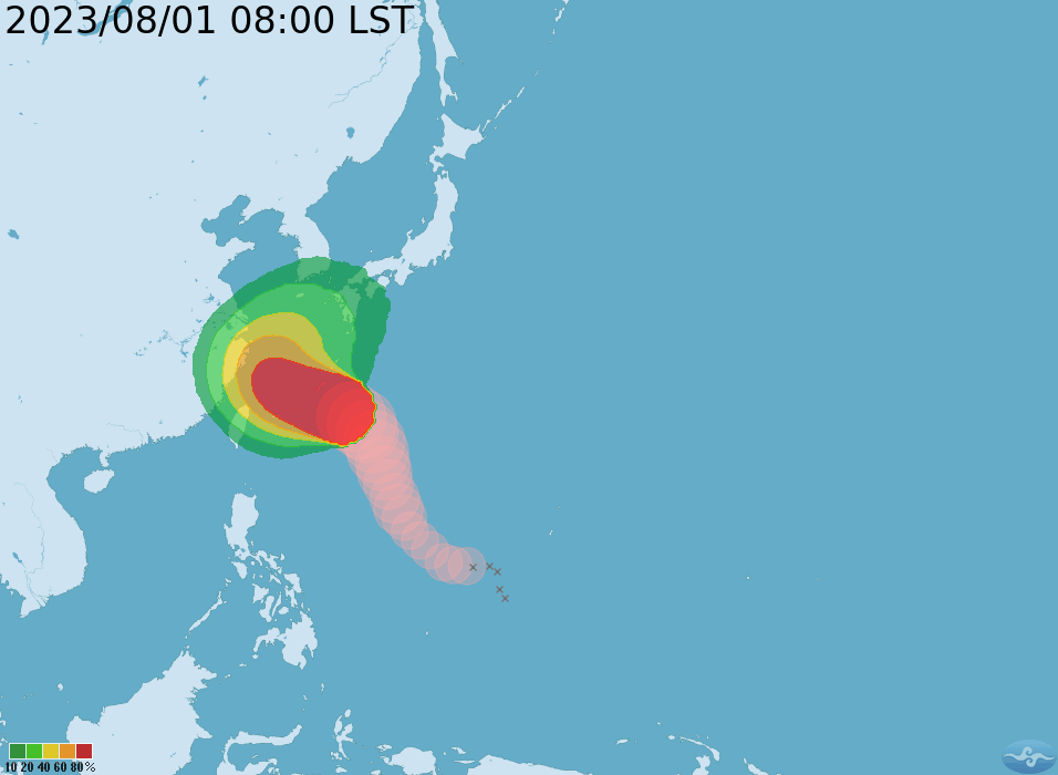 目前卡努中心位置在北緯 24.6 度，東經 129.4 度，以每小時13公里速度，向西北西進行。 圖：翻攝自中央氣象局官網